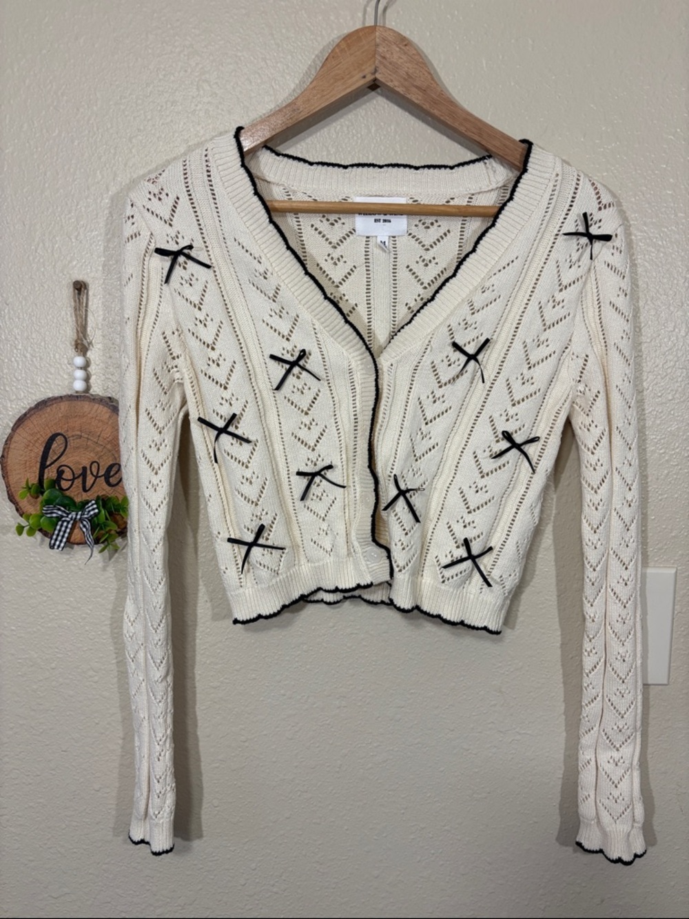 Willow & Wind Ivory Black Cottagecore Bow Long Sleeve Cropped Cardigan Size M